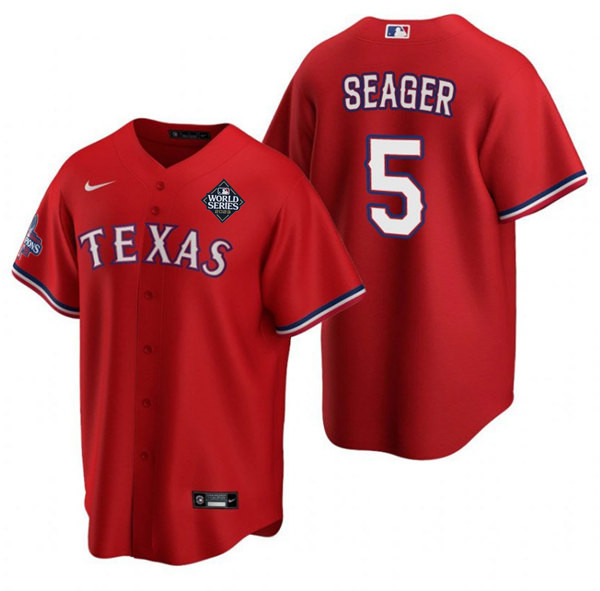 Men's Texas Rangers #5 Corey Seager Red 2023 World Series Patch And Champions Patch Cool Base Stitched Baseball Jersey